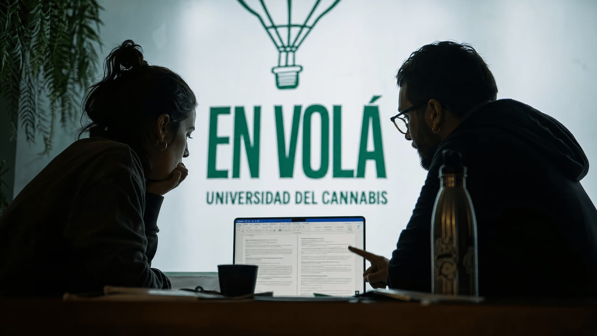 En Volá educators reviewing three online cannabis course scripts beside a laptop